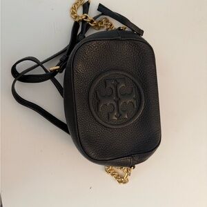 Tory Burch Black Leather Crossbody Bag with Gold Chain